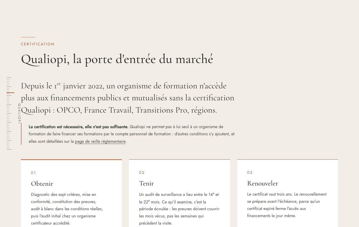La section Qualiopi du site Signature Qualité : obtenir, tenir, renouveler la certification.